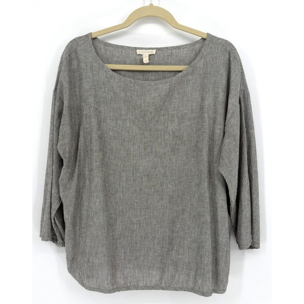 Eileen Fisher Lightweight Striped Top L Grey/White Stripe Organic Cotton/Hemp
